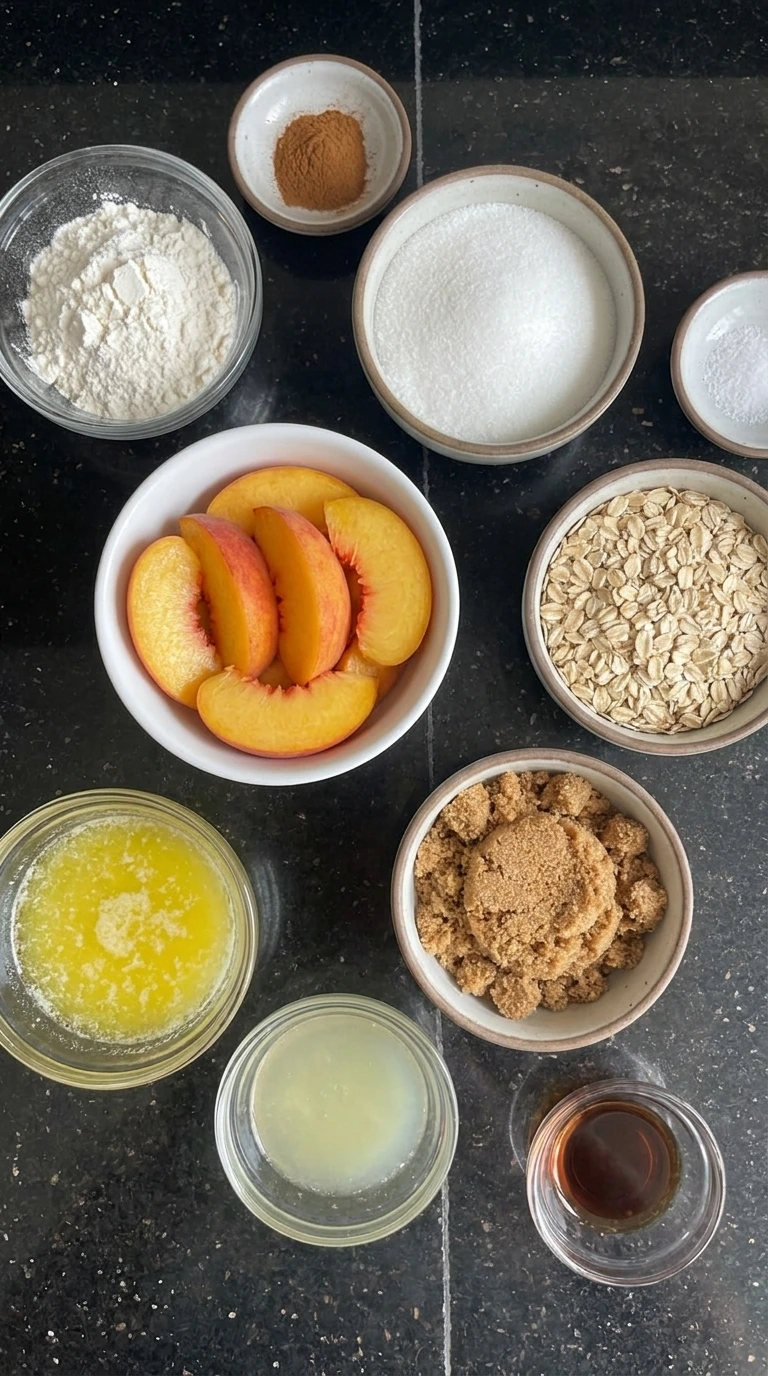 Ingredients for Buttery Peach Crisp in separate small containers