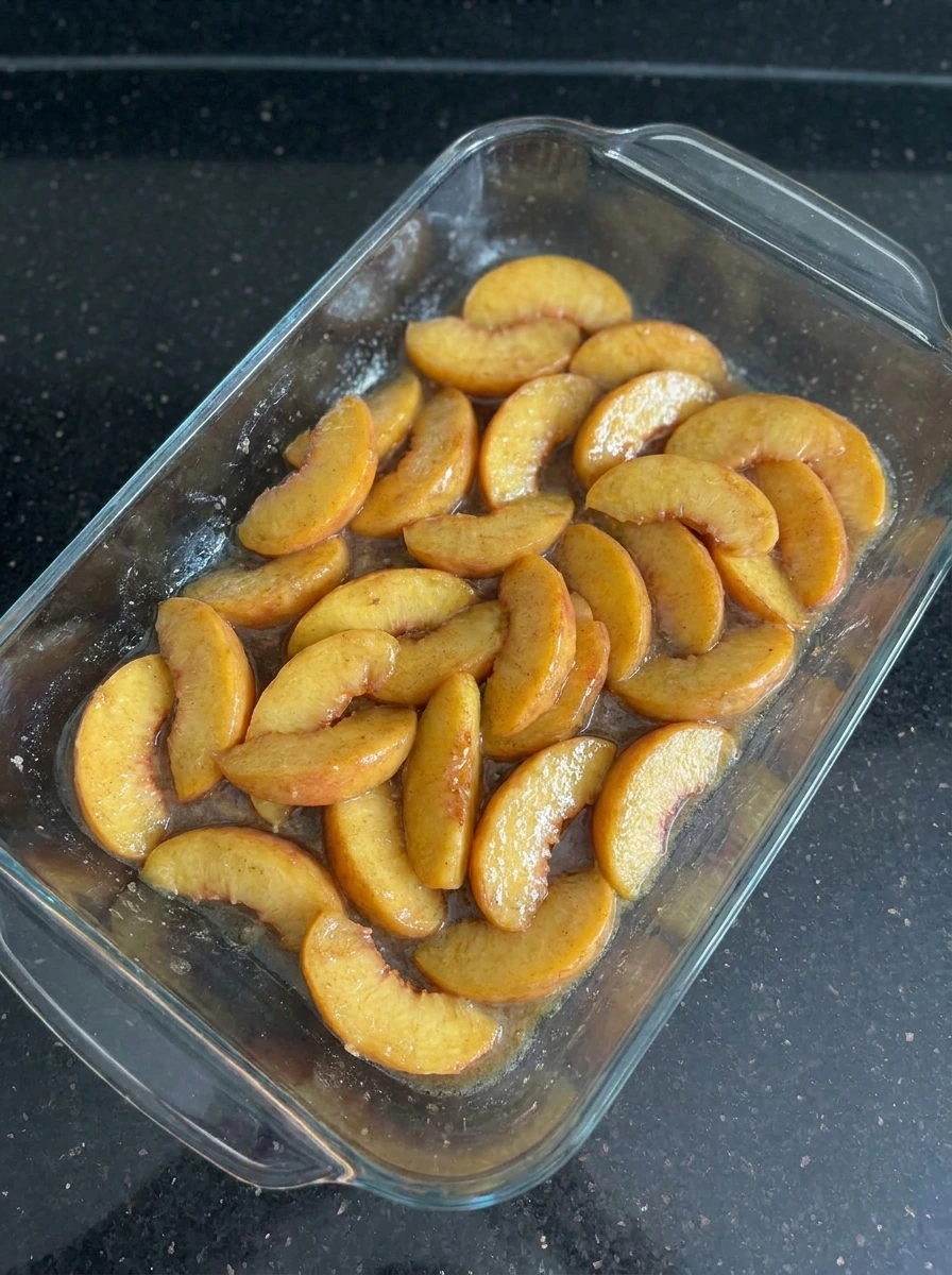 Peaches layered in baking dish for Buttery Peach Crisp