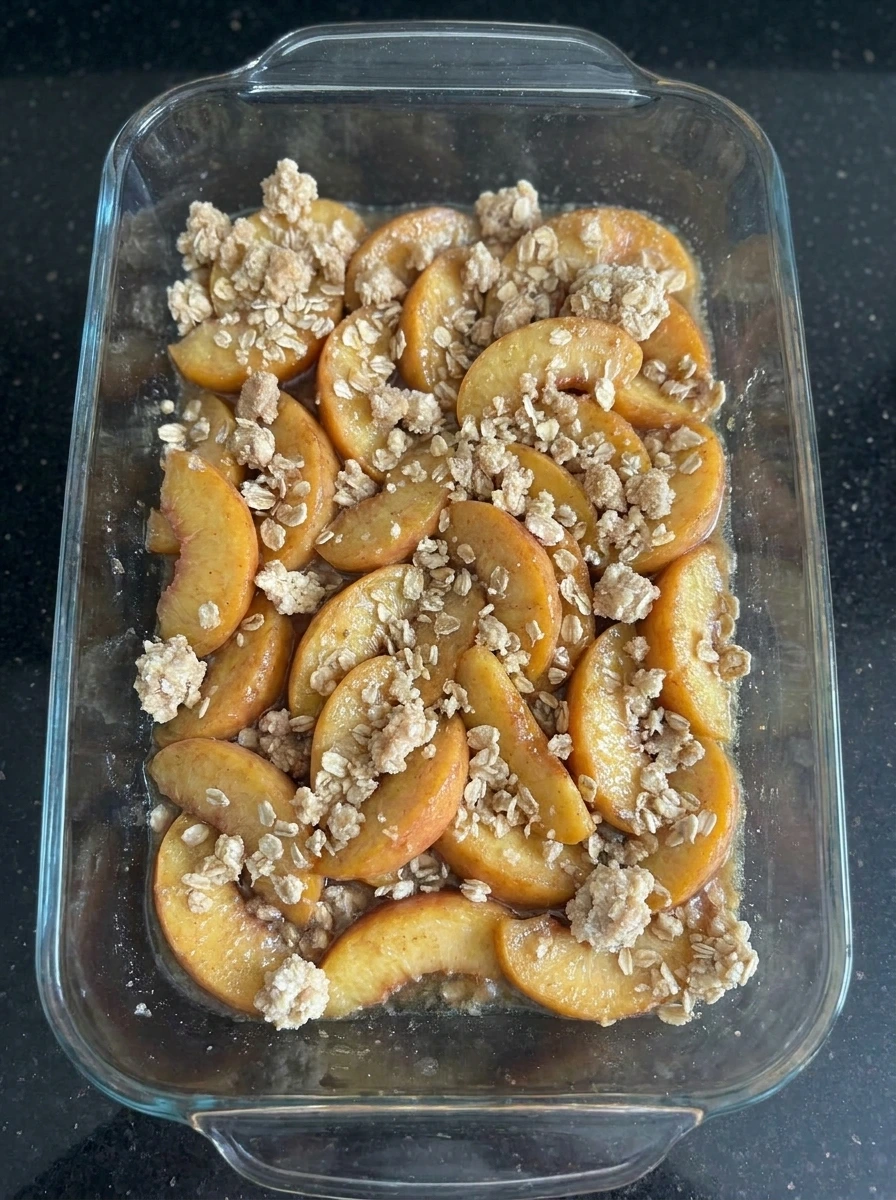Buttery Peach Crisp topped with oat crumble before baking
