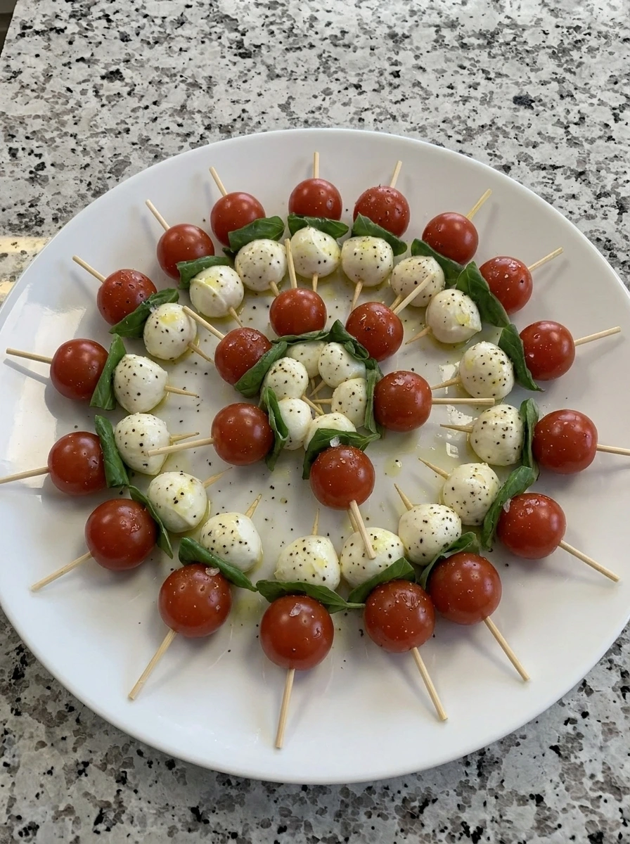 Caprese Skewers assembled with tomato and basil and mozzarella