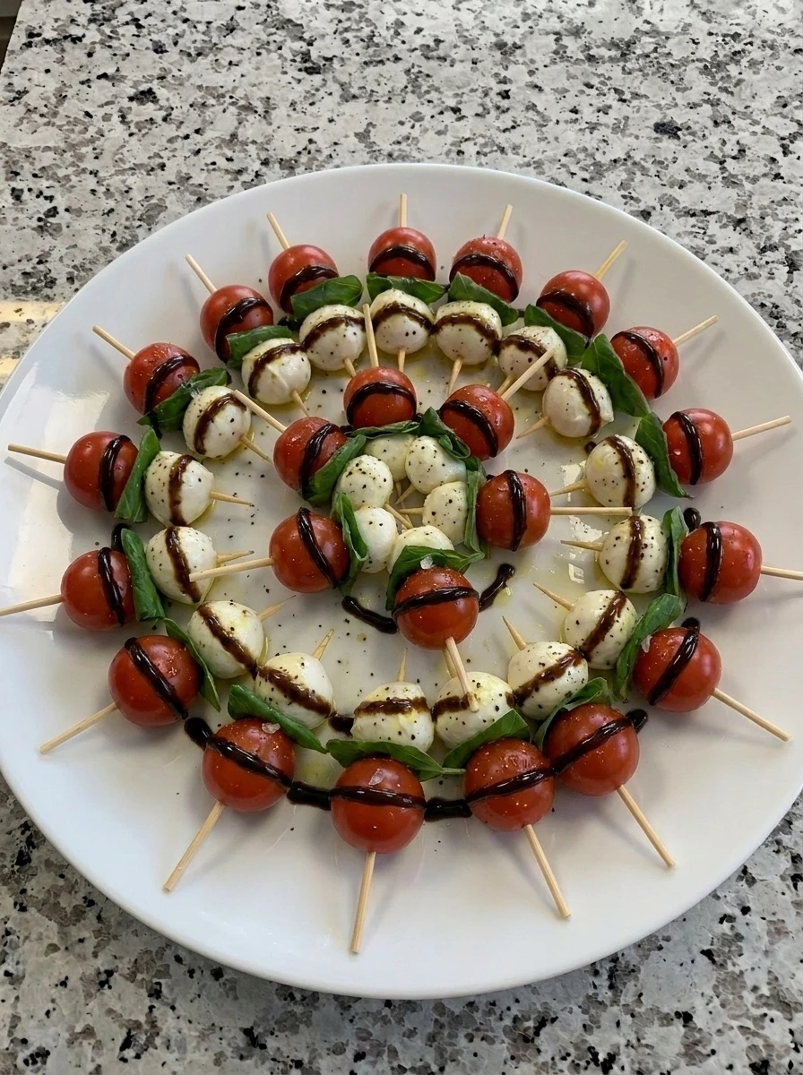 Caprese Skewers drizzled with balsamic glaze