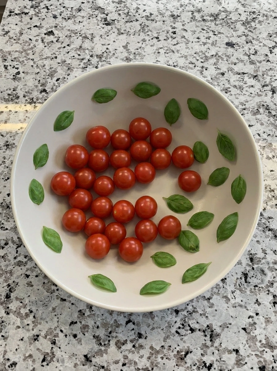 Cherry tomatoes and basil leaves dried for Caprese Skewers