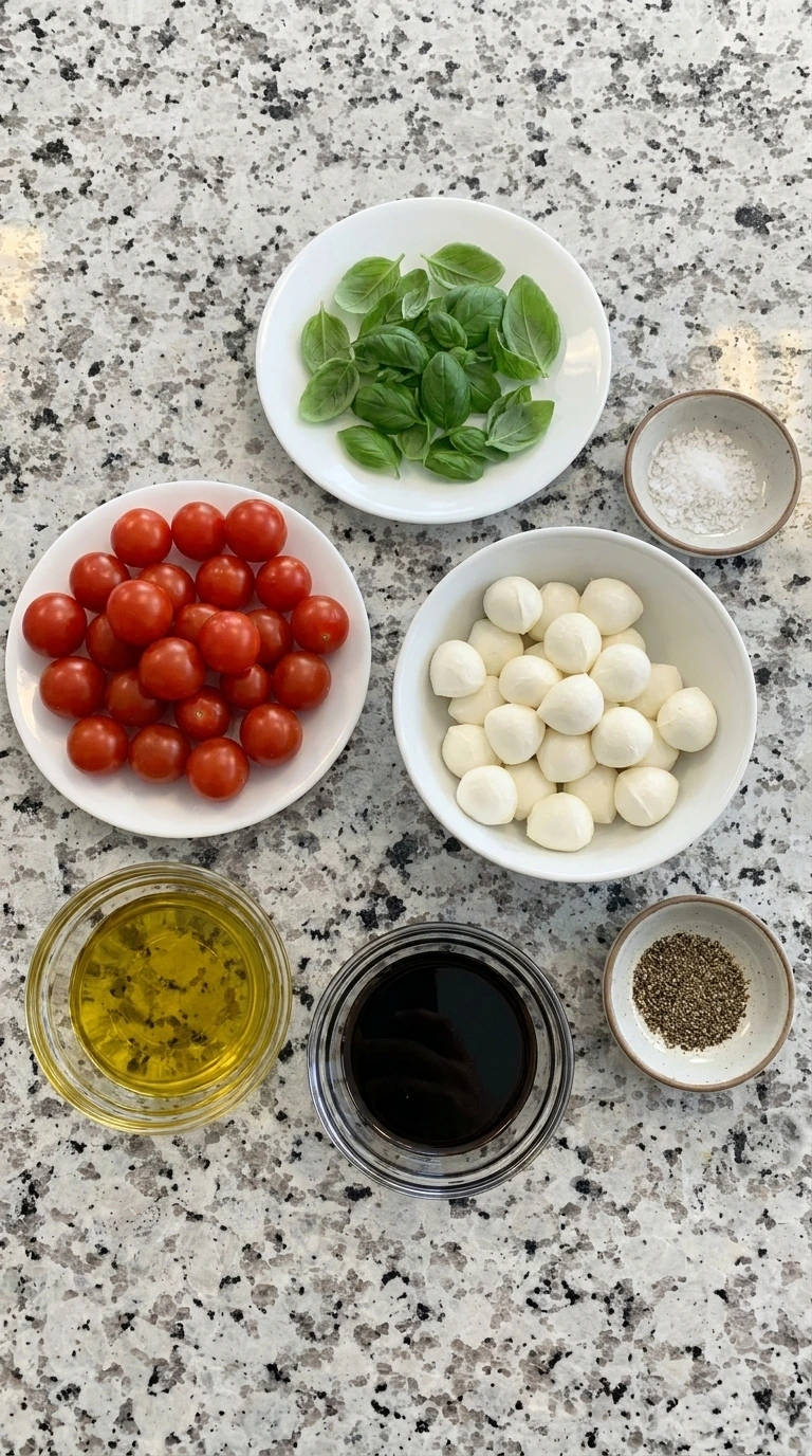 Raw ingredients for Caprese Skewers in separate small containers