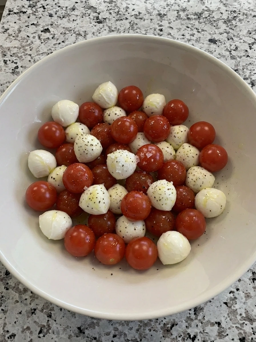Tomatoes and mozzarella seasoned for Caprese Skewers