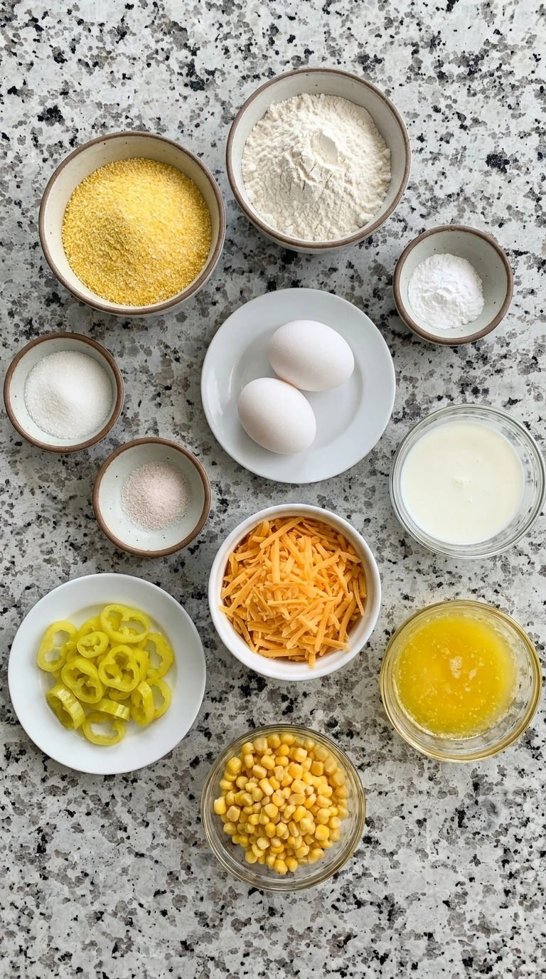 Raw ingredients for Cheesy Banana Pepper Cornbread in separate containers
