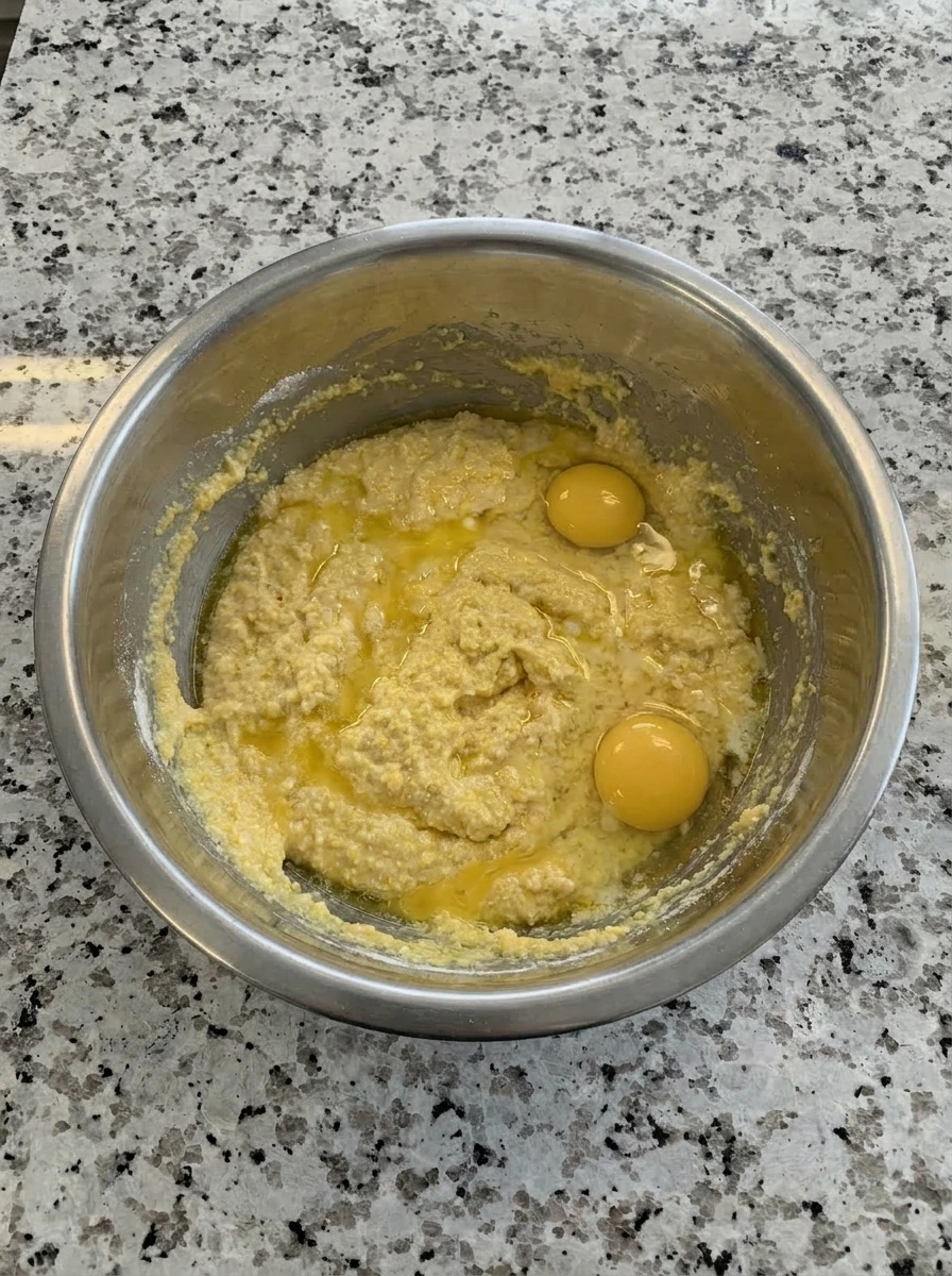 Wet batter mixed for Cheesy Banana Pepper Cornbread