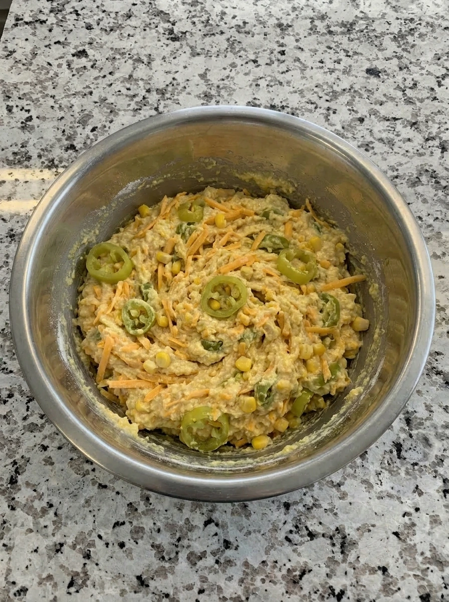 Cheese banana peppers and corn folded into cornbread batter