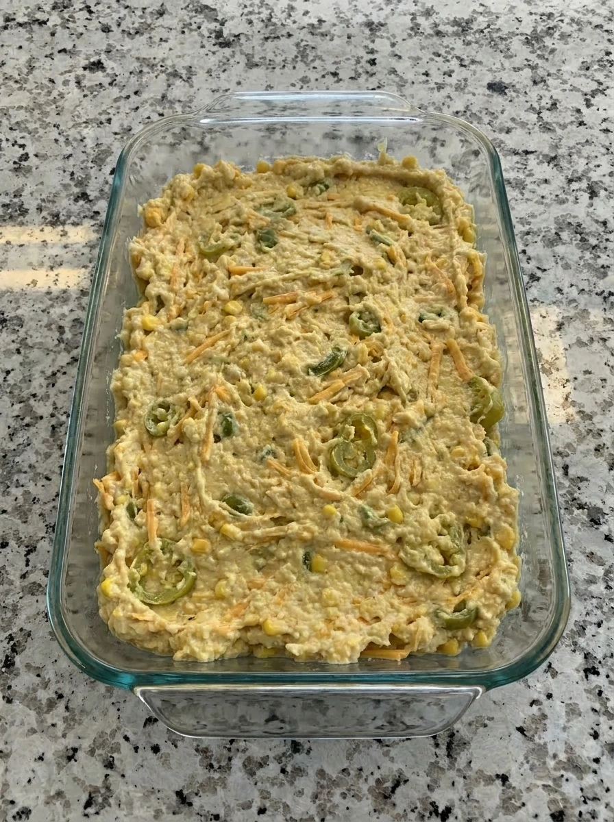 Cheesy Banana Pepper Cornbread batter spread in baking dish
