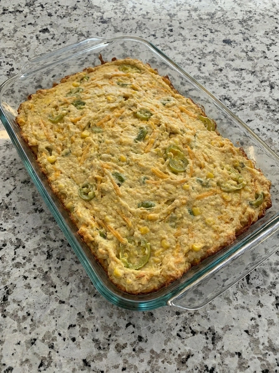 Baked Cheesy Banana Pepper Cornbread with golden edges