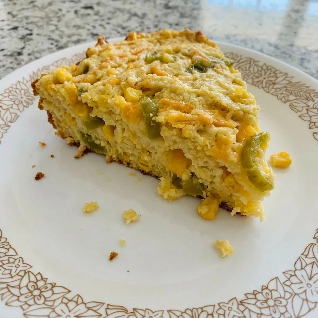 Single slice of Cheesy Banana Pepper Cornbread on a white plate