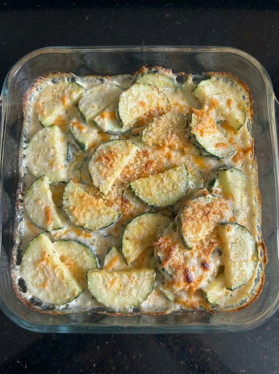 Baked Cheesy Zucchini Casserole with golden topping
