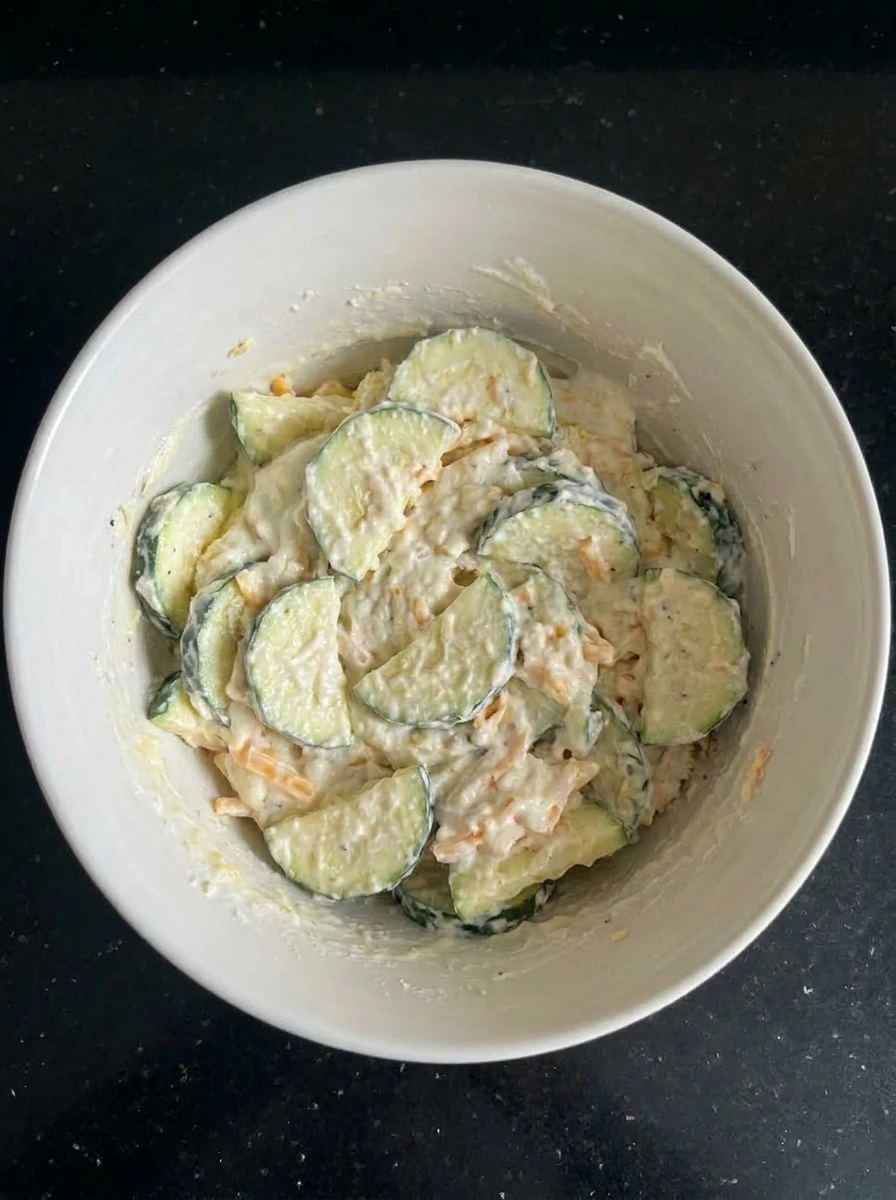 Zucchini folded into creamy filling for Cheesy Zucchini Casserole