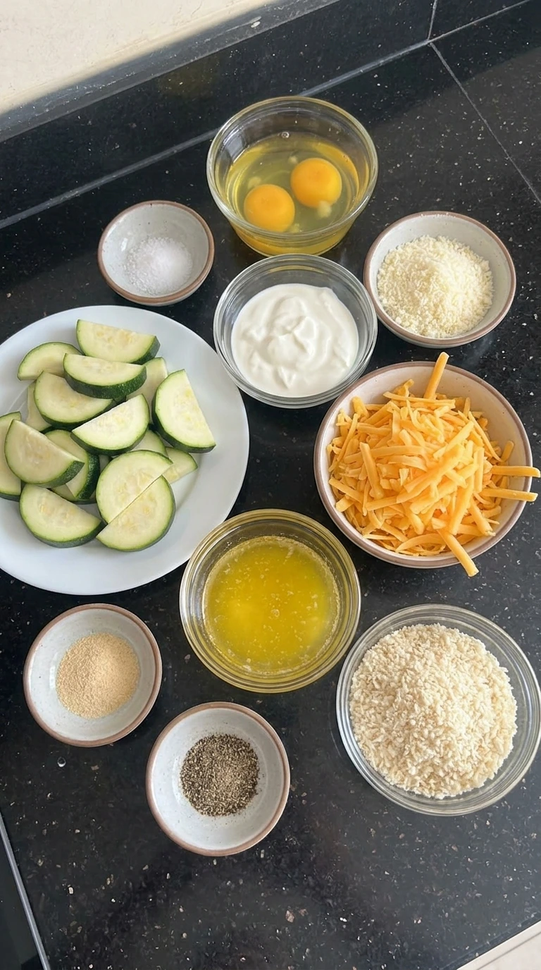 Ingredients for Cheesy Zucchini Casserole in separate small containers