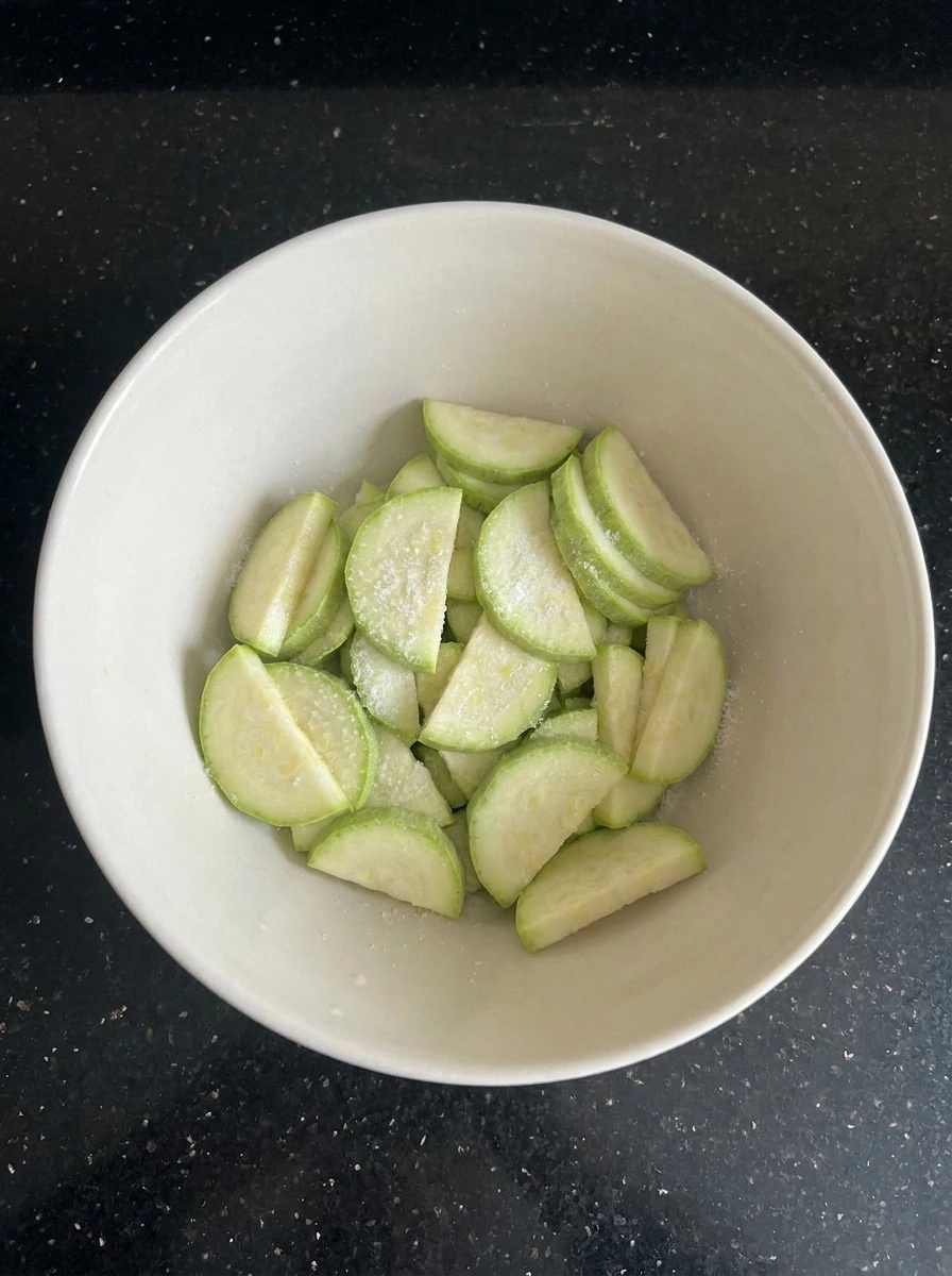 Salted zucchini slices for Cheesy Zucchini Casserole