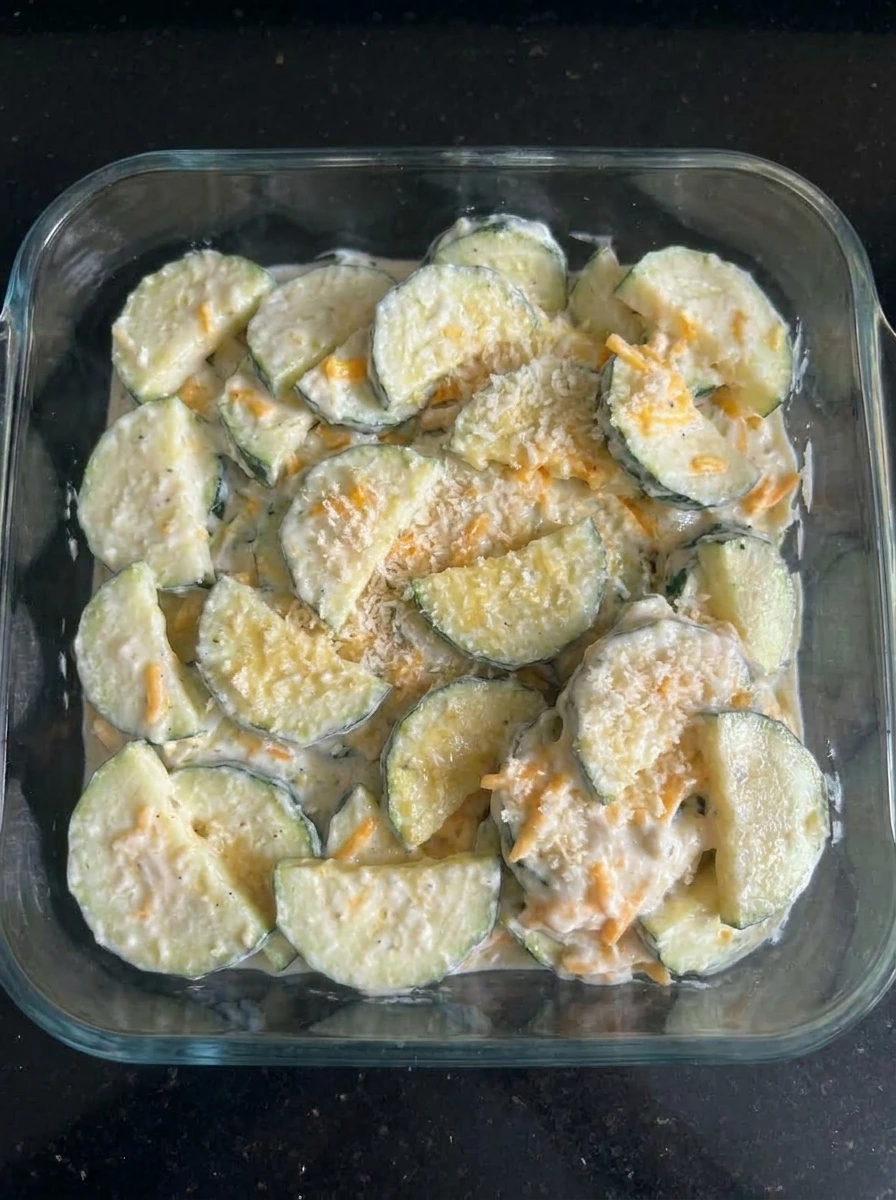 Buttery crumb topping scattered over Cheesy Zucchini Casserole