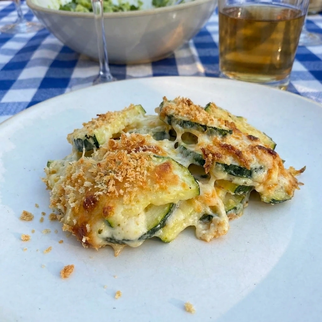 Single serving of Cheesy Zucchini Casserole showing zucchini layers