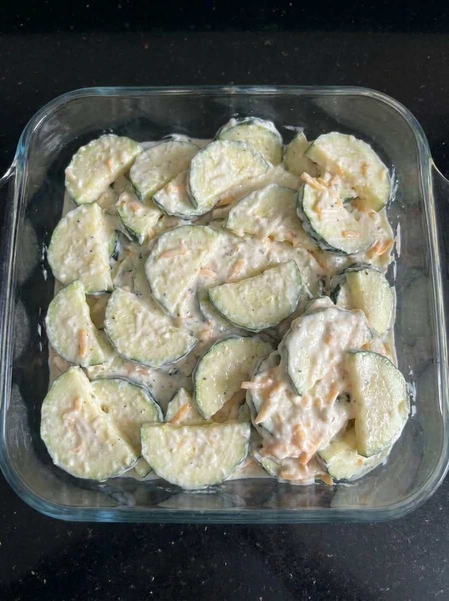 Cheesy Zucchini Casserole spread in a baking dish before topping