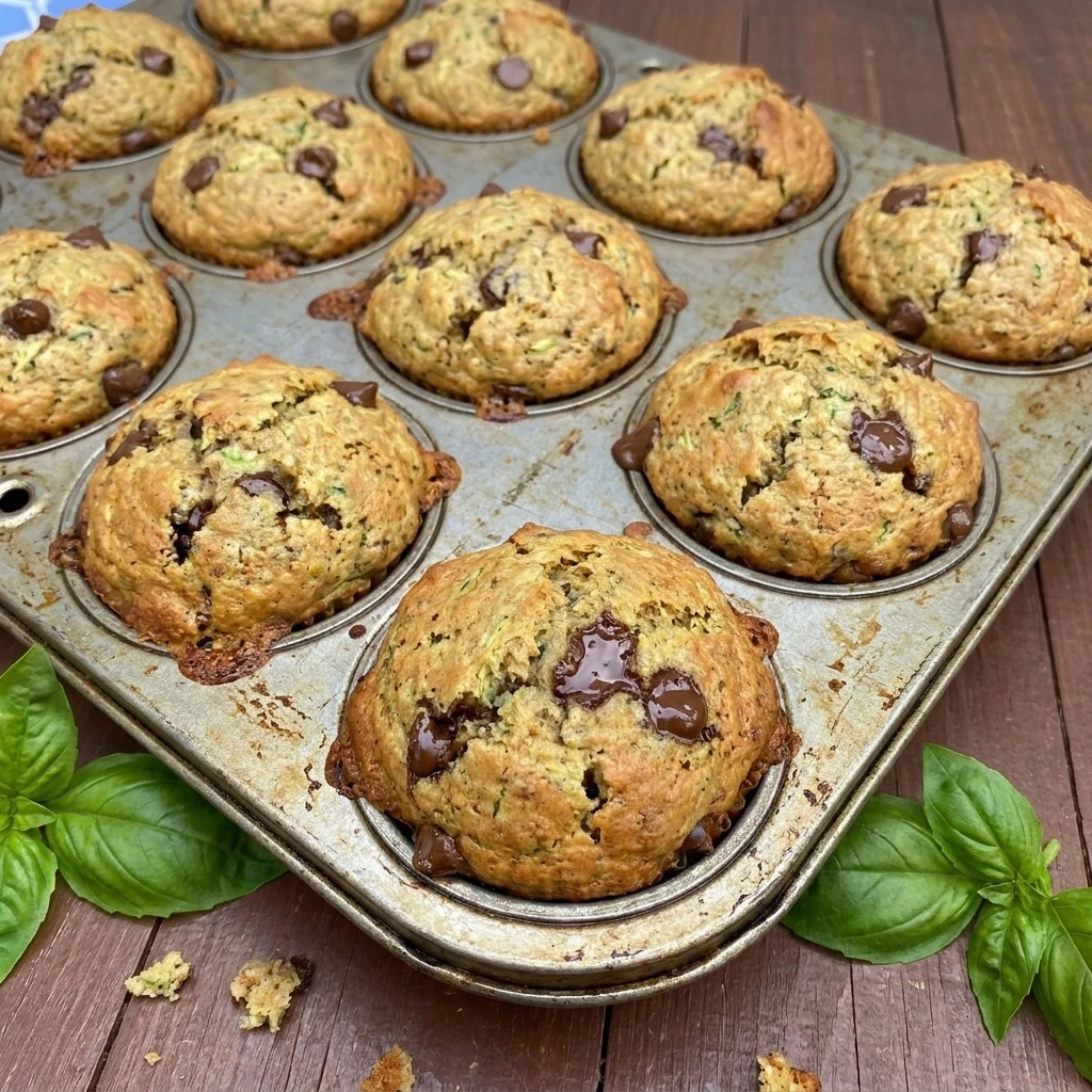 Chocolate Chip Zucchini Muffins with golden tops and melted chocolate chips
