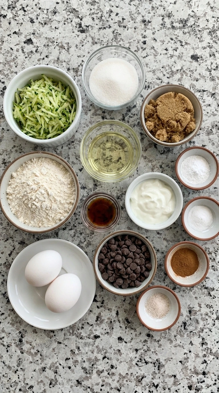 Ingredients for Chocolate Chip Zucchini Muffins in separate small containers