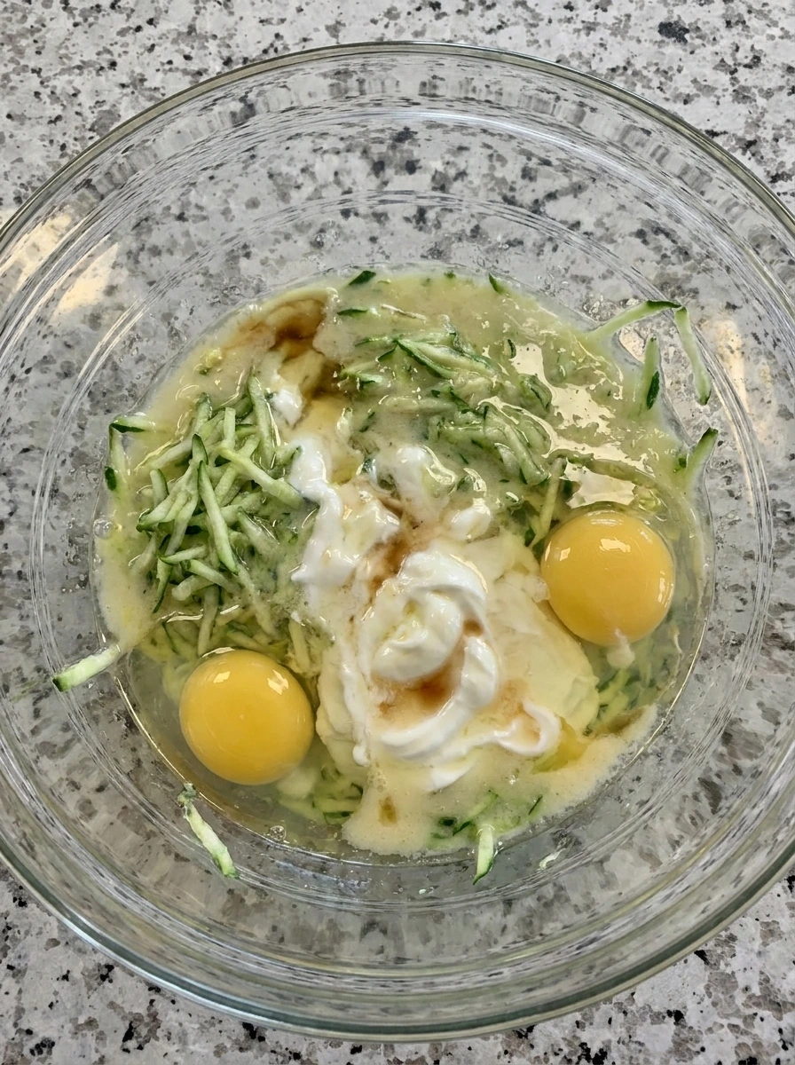 Wet muffin mixture with shredded zucchini folded in