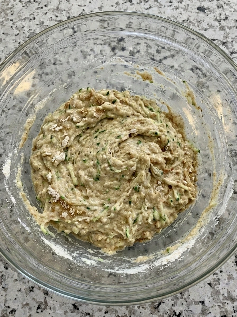 Thick zucchini muffin batter with dry ingredients mixed in