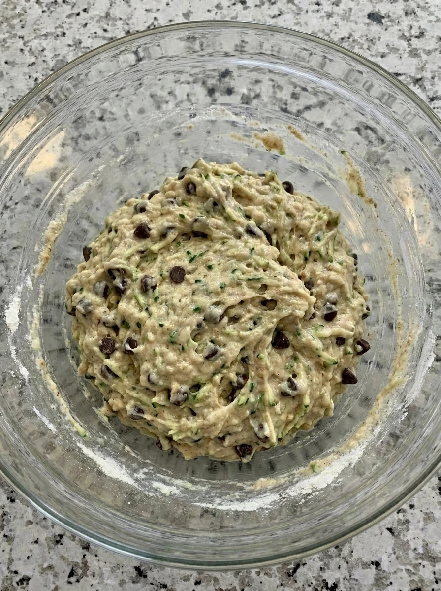 Chocolate chips folded into zucchini muffin batter