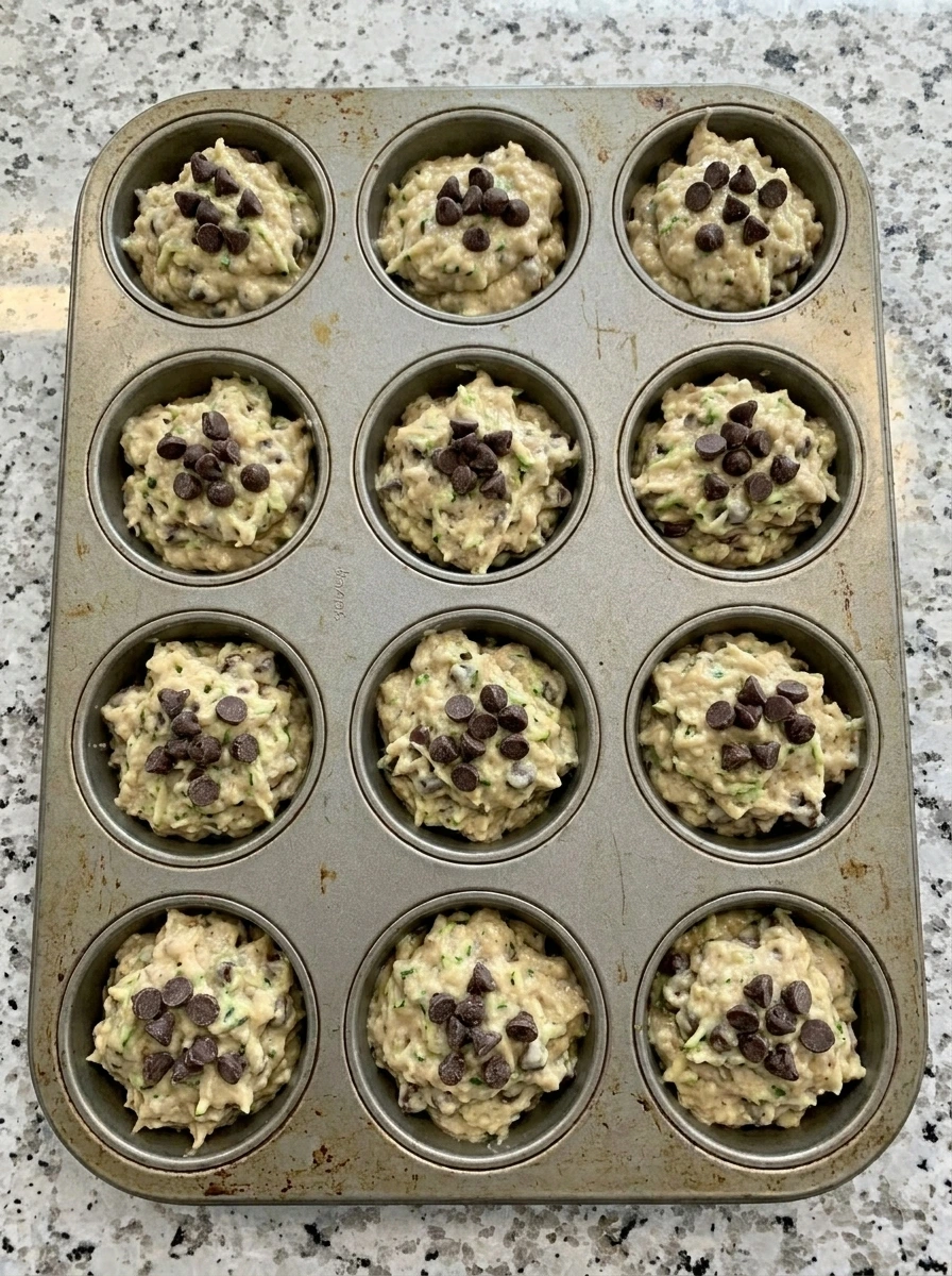 Muffin tin filled with zucchini chocolate chip batter