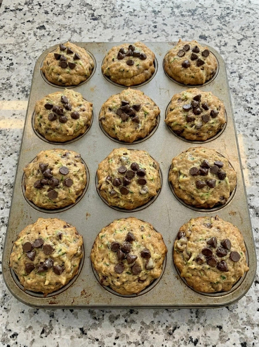 Baked Chocolate Chip Zucchini Muffins in a muffin tin