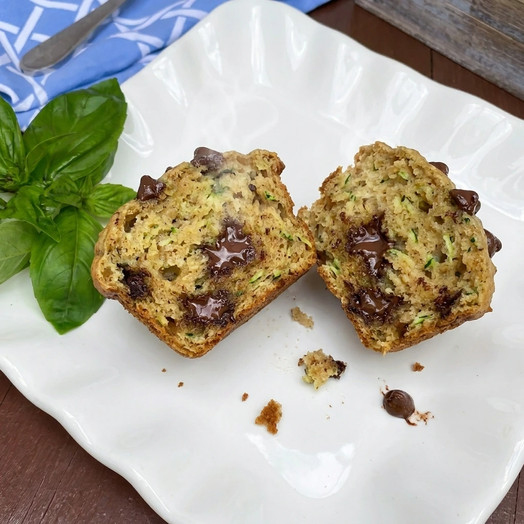 One Chocolate Chip Zucchini Muffin broken open on a white plate