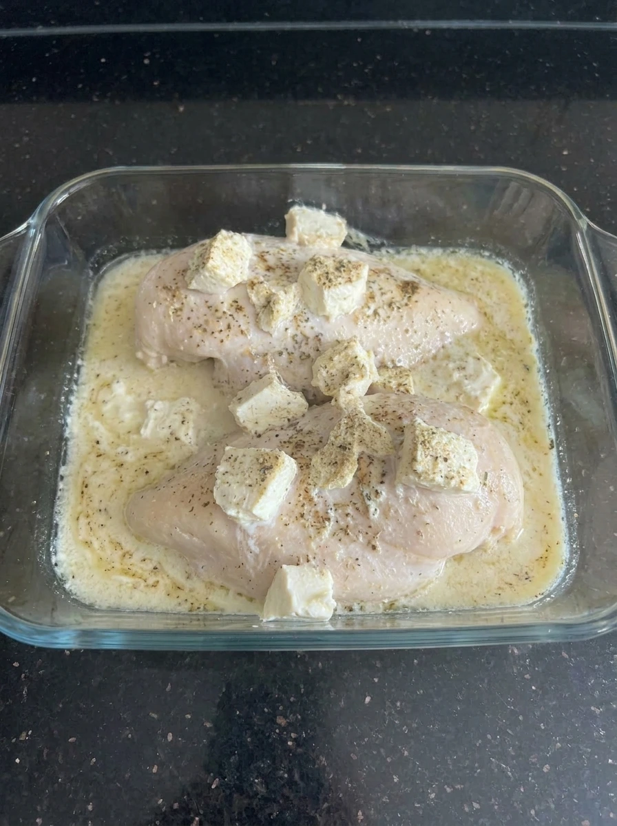 Cooked chicken softening in melted cream cheese sauce