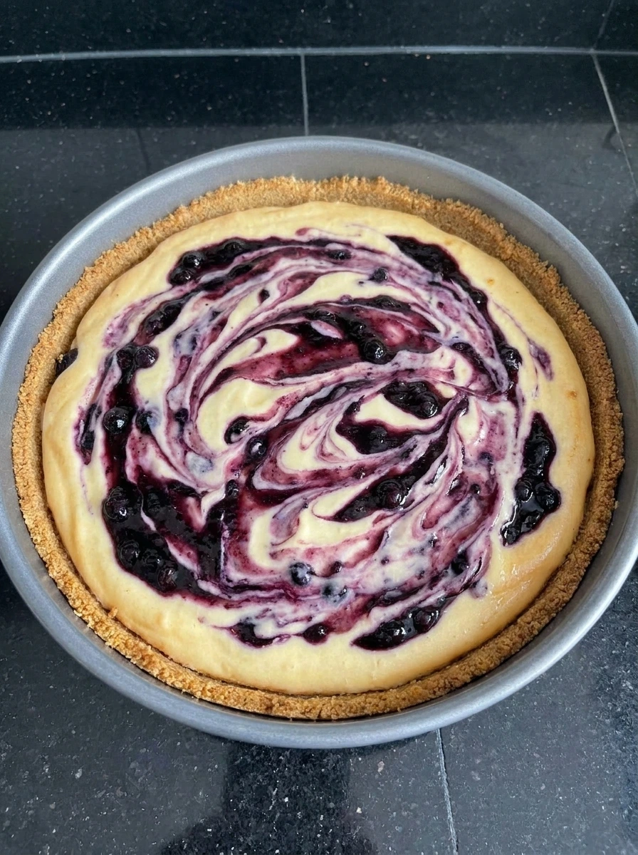 Baked Creamy Huckleberry Cheesecake with purple swirl
