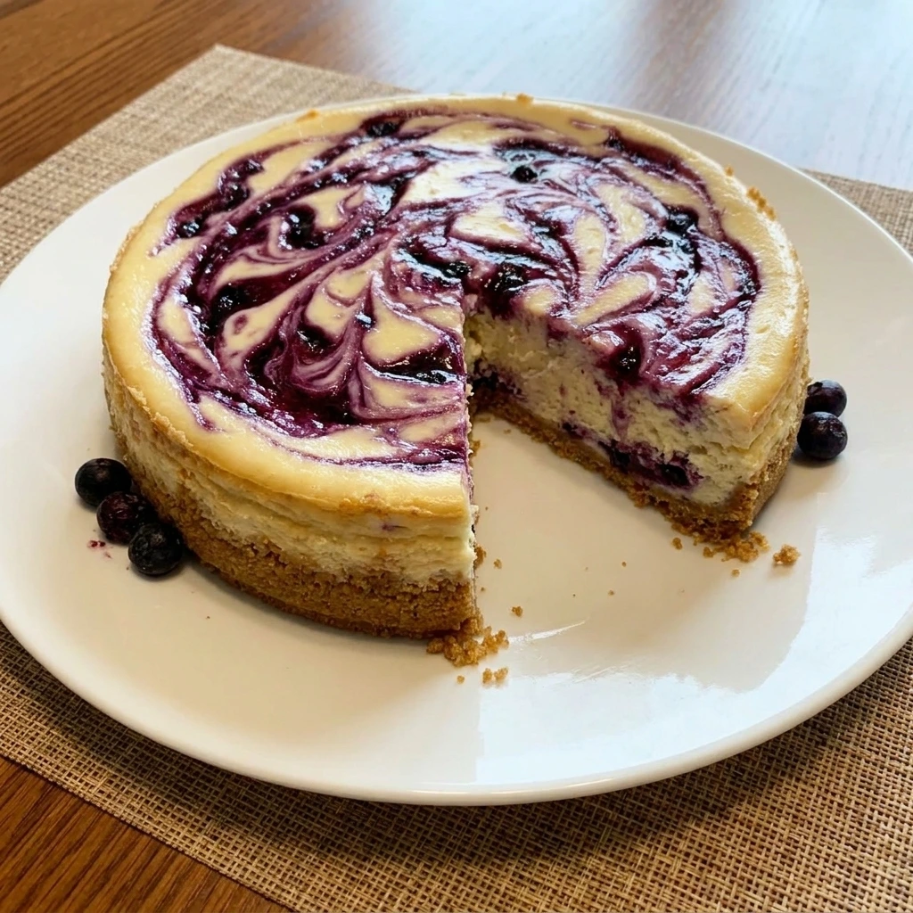 Creamy Huckleberry Cheesecake with purple berry swirl and crumb crust