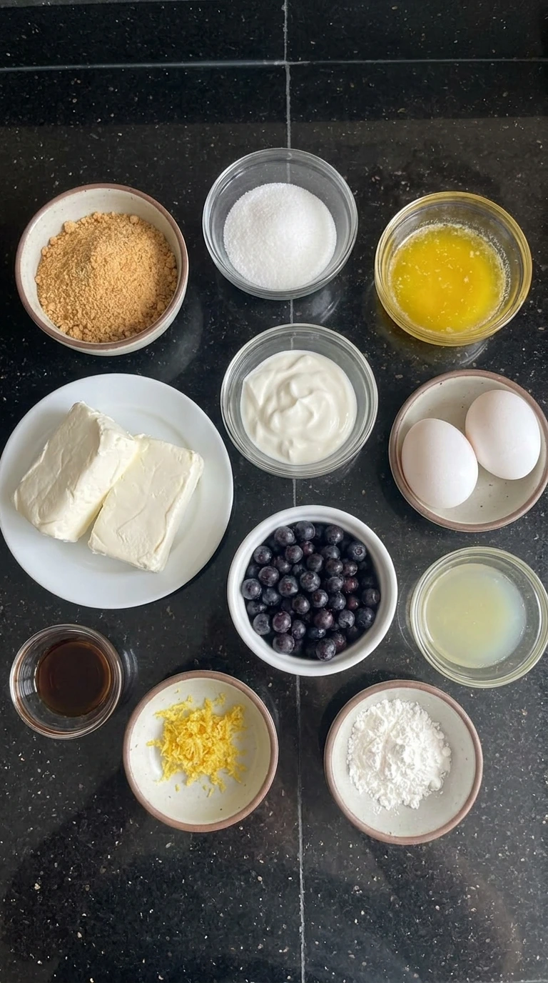 Ingredients for Creamy Huckleberry Cheesecake in small containers