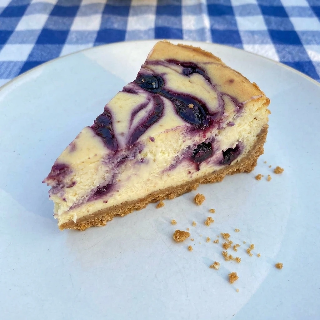 Slice of Creamy Huckleberry Cheesecake on white plate