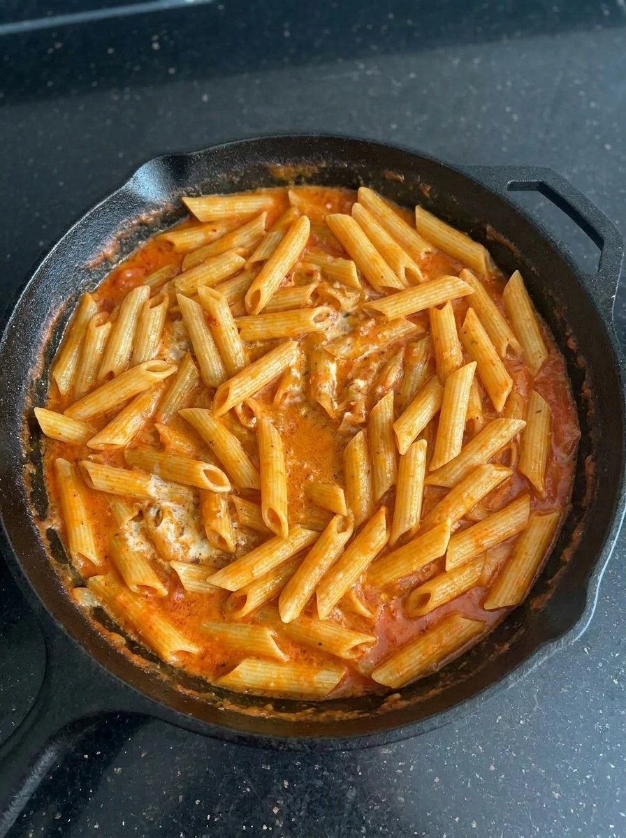 Penne folded into creamy tomato sauce