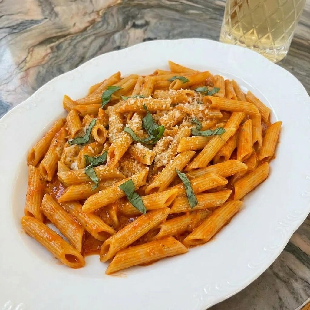 Creamy Tomato Pasta in a serving dish with basil and Parmesan