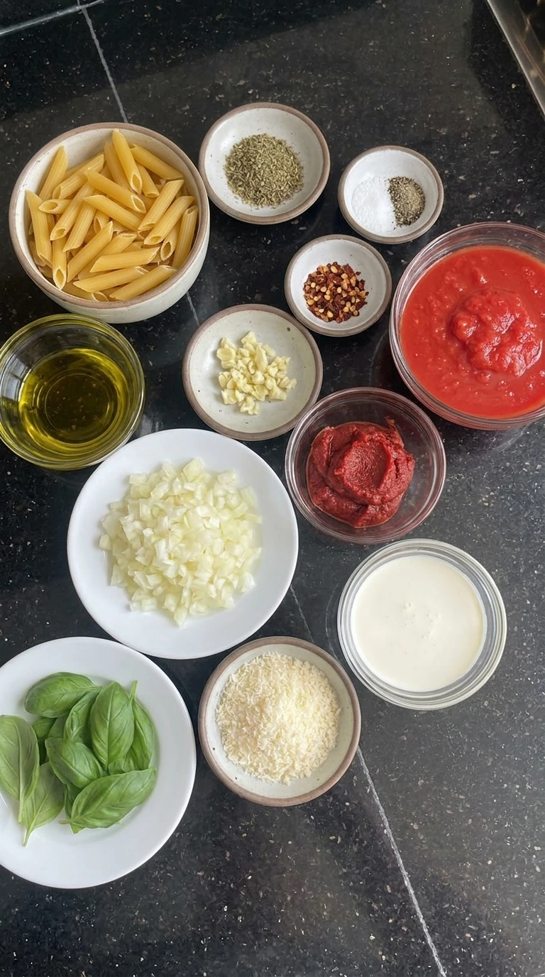 Creamy Tomato Pasta ingredients in separate small containers