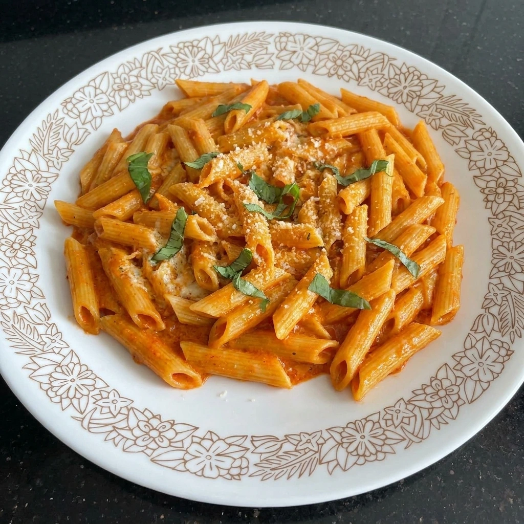 Served Creamy Tomato Pasta with basil and Parmesan