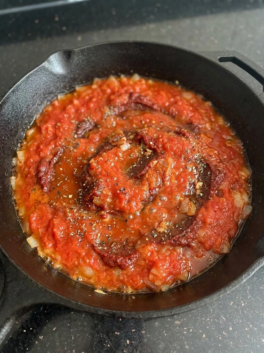 Tomato sauce simmering for Creamy Tomato Pasta