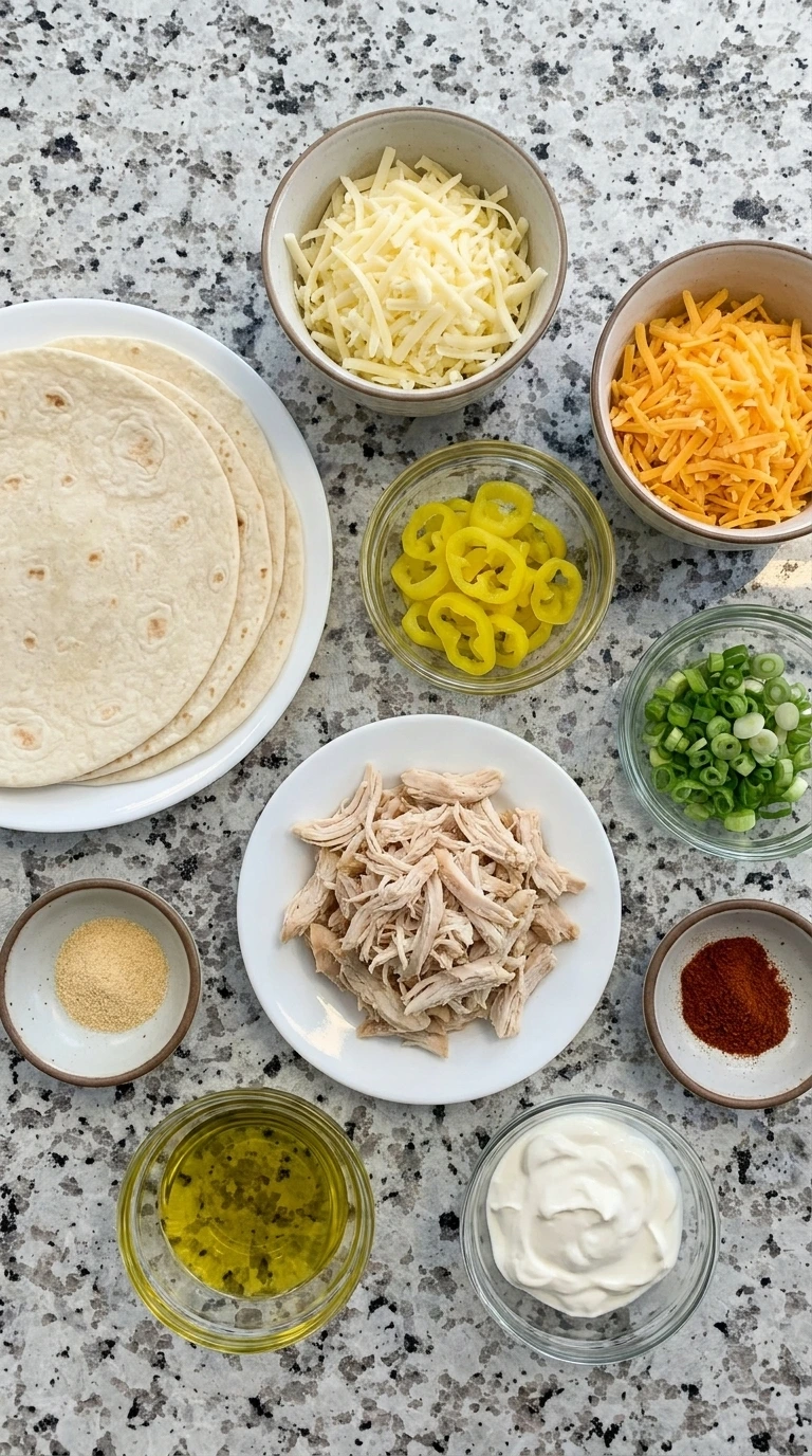 Ingredients for Crispy Banana Pepper Quesadillas in separate containers