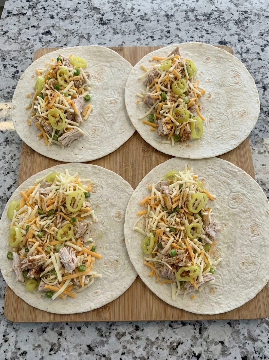 Banana pepper quesadilla filling layered on tortillas