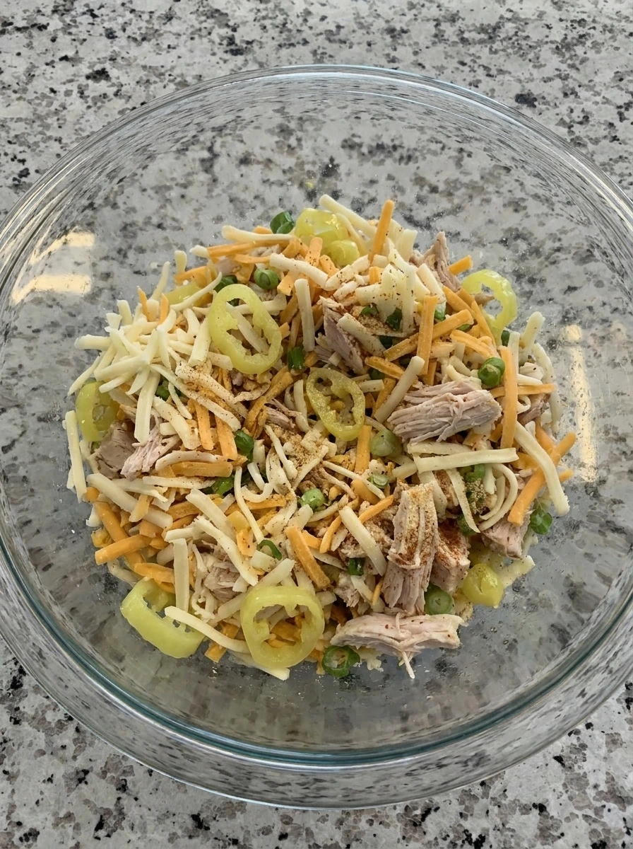 Cheesy banana pepper quesadilla filling mixed in a bowl