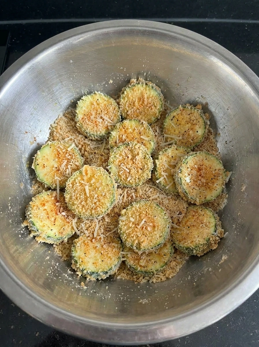 Zucchini rounds coated in seasoned breadcrumbs