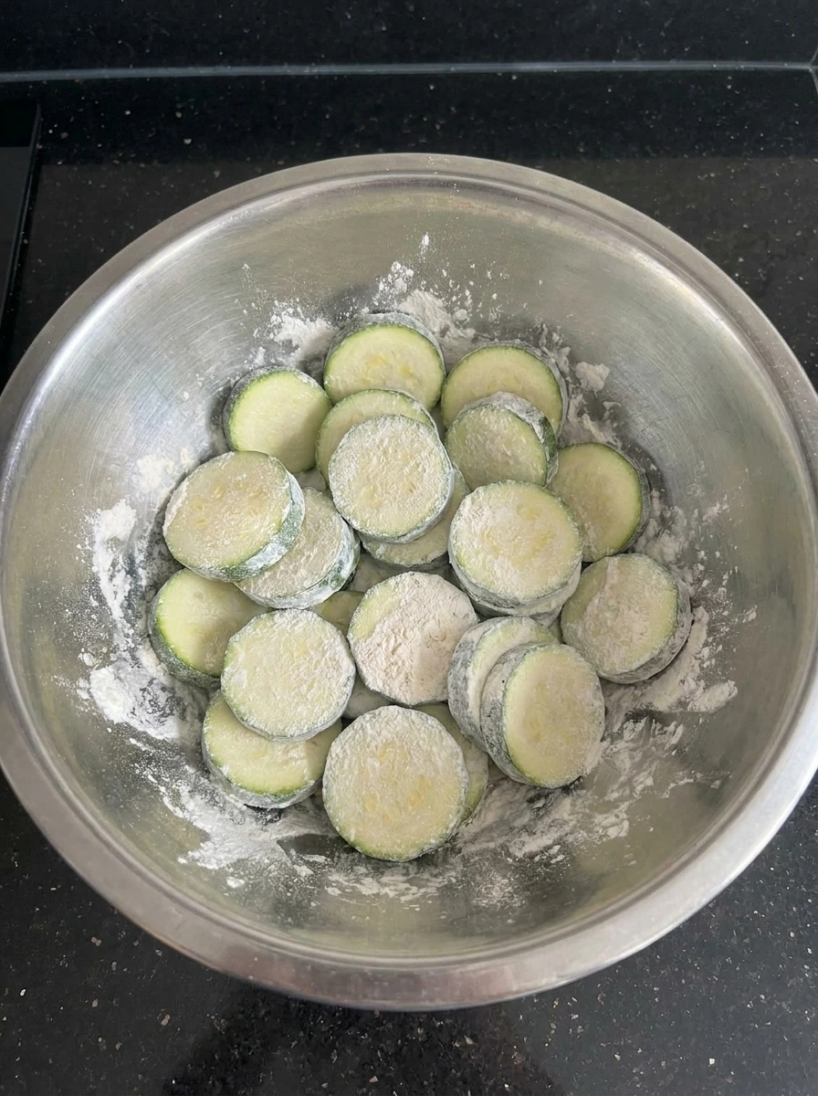 Zucchini coins coated with flour