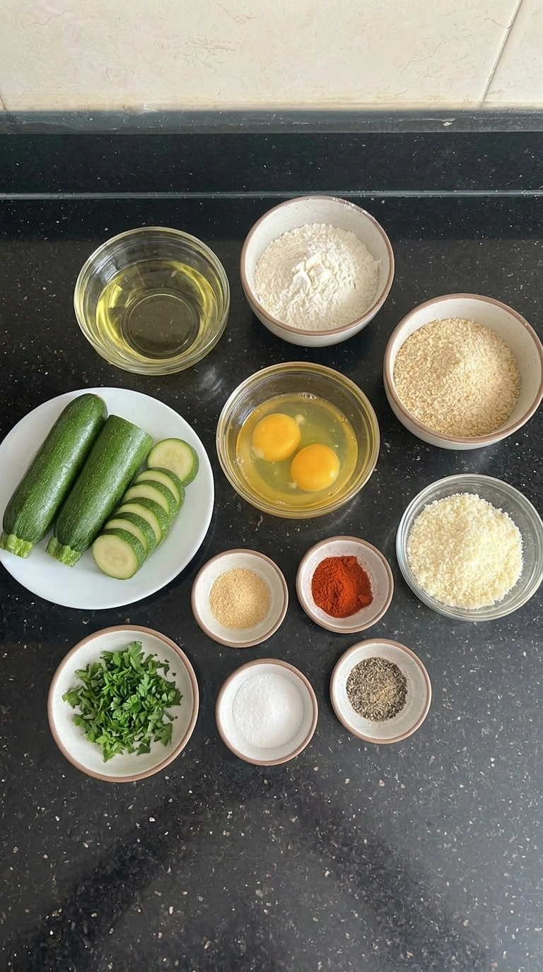 Ingredients for Crispy Fried Zucchini in small containers