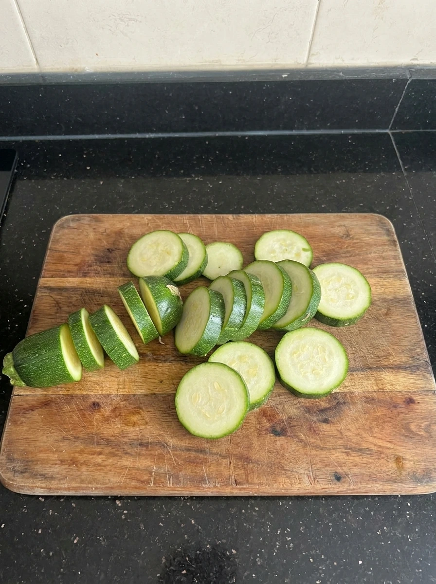 Zucchini sliced into coins for Crispy Fried Zucchini