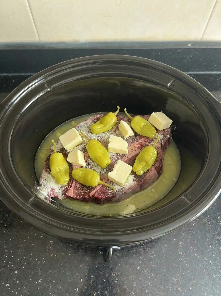 Pepperoncini and butter added to Crockpot Mississippi Pot Roast