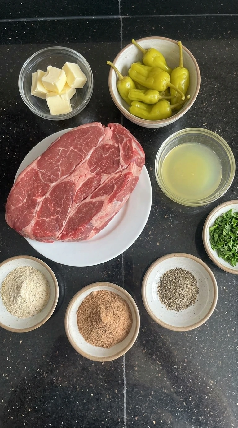Ingredients for Crockpot Mississippi Pot Roast in separate small containers
