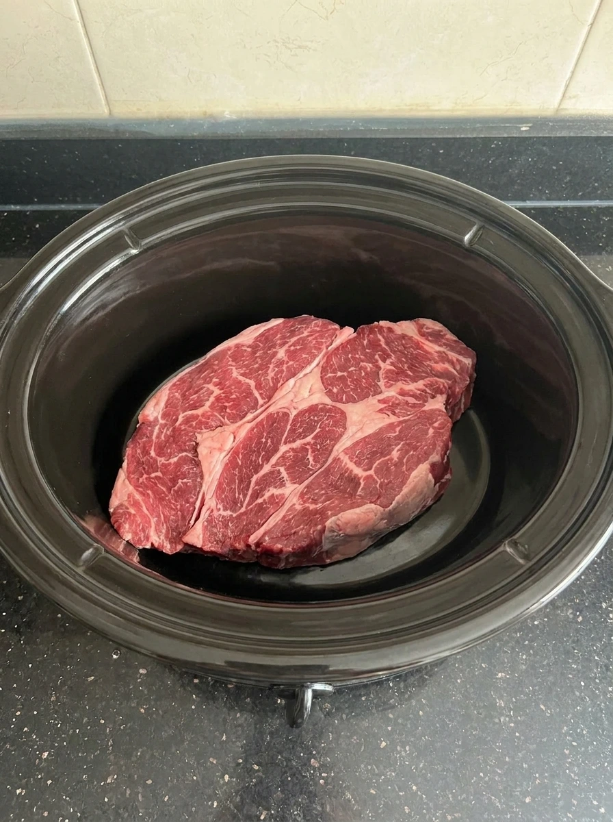 Raw chuck roast placed in crockpot for Crockpot Mississippi Pot Roast