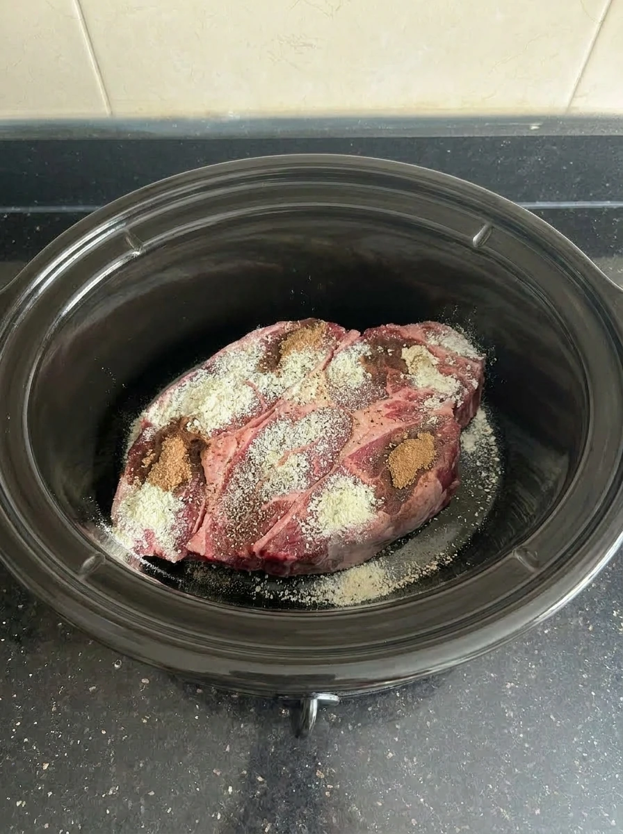 Seasonings scattered over chuck roast for Crockpot Mississippi Pot Roast